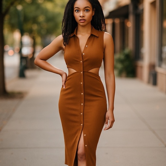 EMORY PARK BUTTON FRONT CUT OUT MIDI SUNDRESS MID SKIRT RIBBED BODYCON STRETCH L - Picture 3 of 17